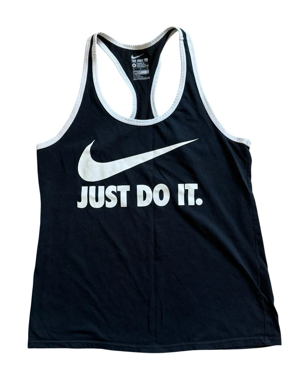 Nike Dri-FIT Just Do It Racerback Tank Top Black White Swoosh Women’s M Gym